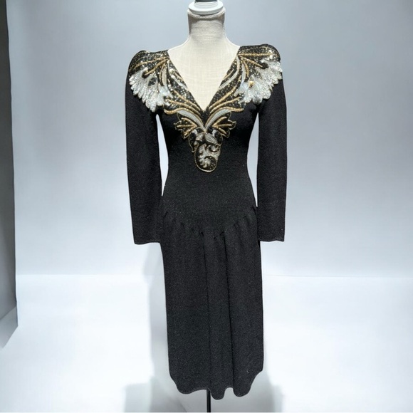 🌻VINTAGE 1980s Pat Sandler for Wellmore Black Knit Sequined Dress Tagged Size 8 - Picture 14 of 14
